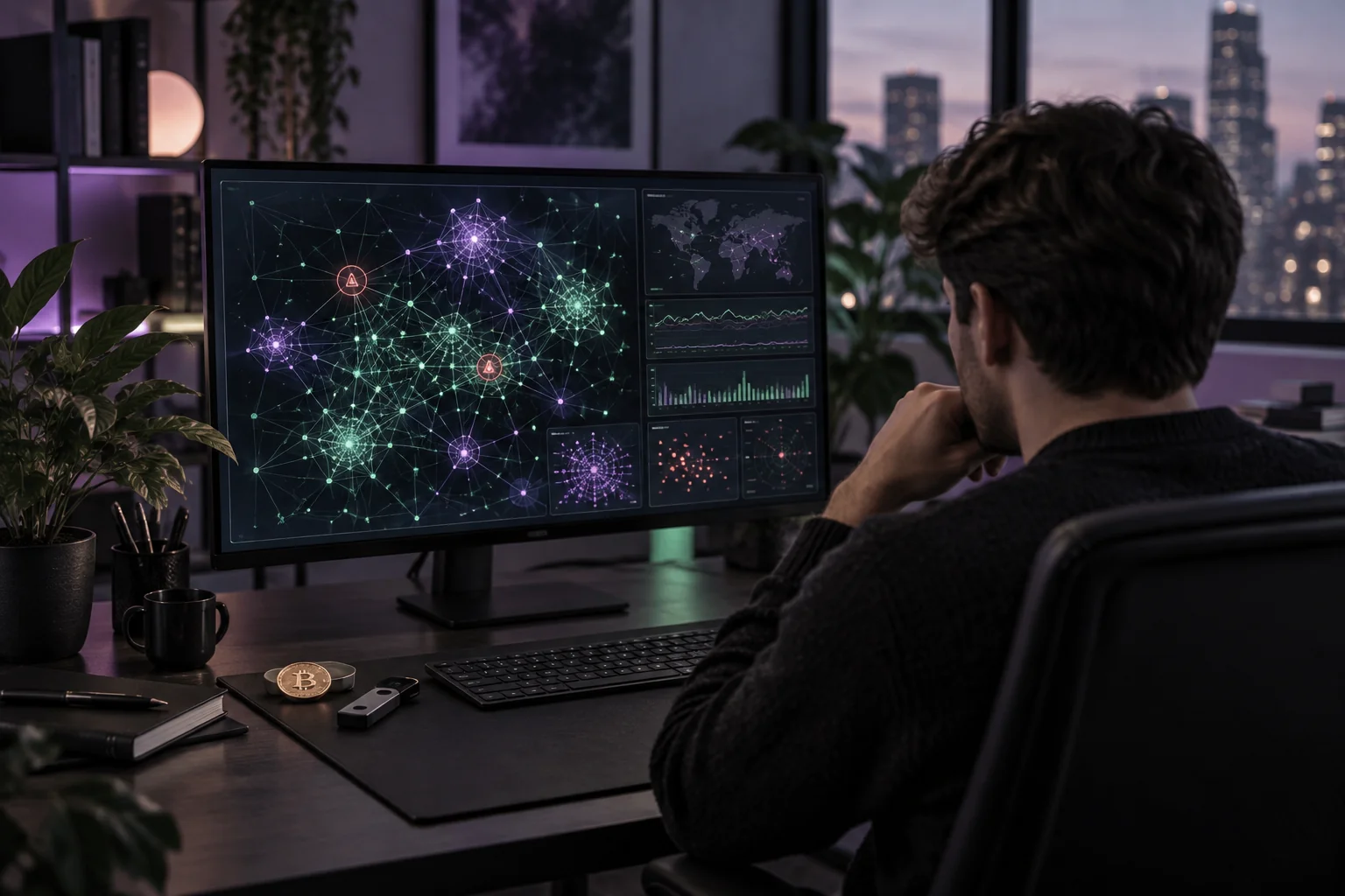 Analyst studying abstract blockchain connections on a computer