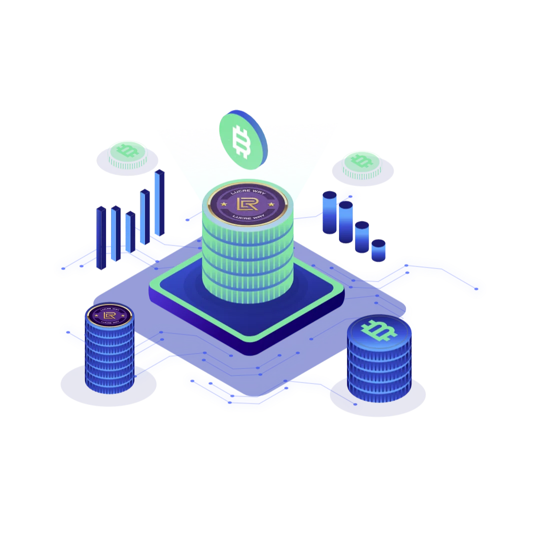 Lucre Way illustration showing the LCR coin and a digital network